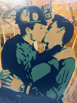 A painting of two miners' in an embrace