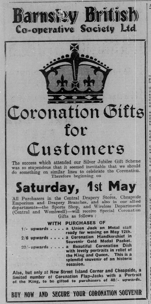 'Coronation gifts for customers' an advertisement for the Barnsley co-op.