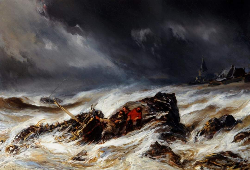 Oil painting of a seascape with a very dramatic sky. In the foreground a wooden boat is being hauled onto rocks by a number of male figures.