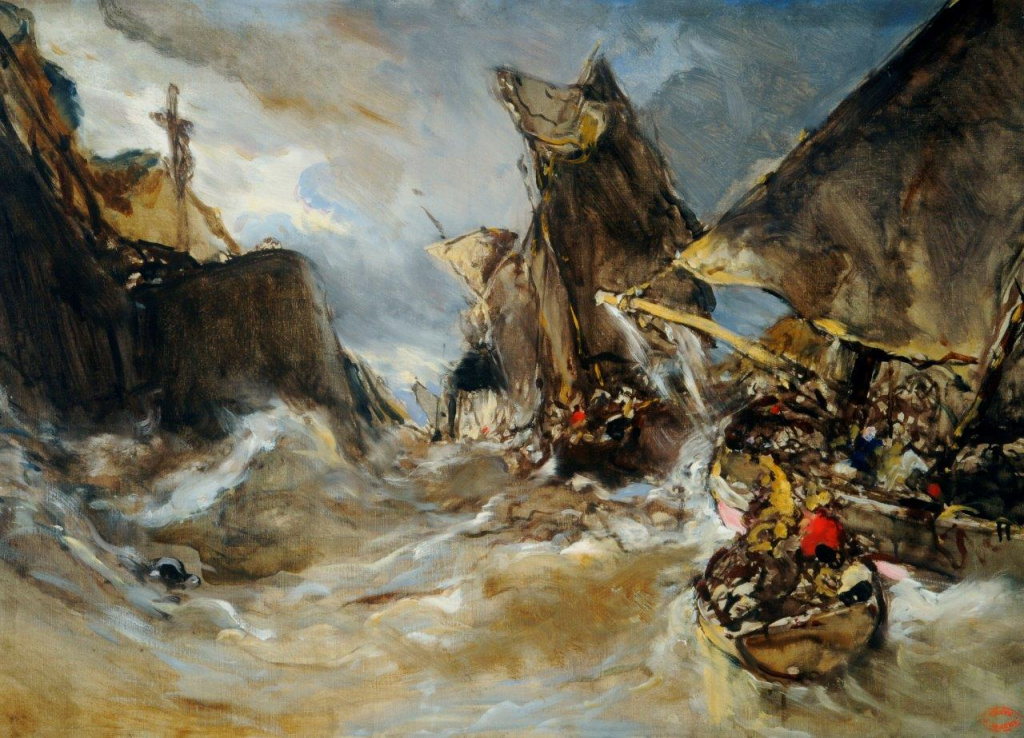 Sketch of a stormy seascape. The picture is bound on each side with cliffs as the boats are shown in perspective moving away from the viewer.