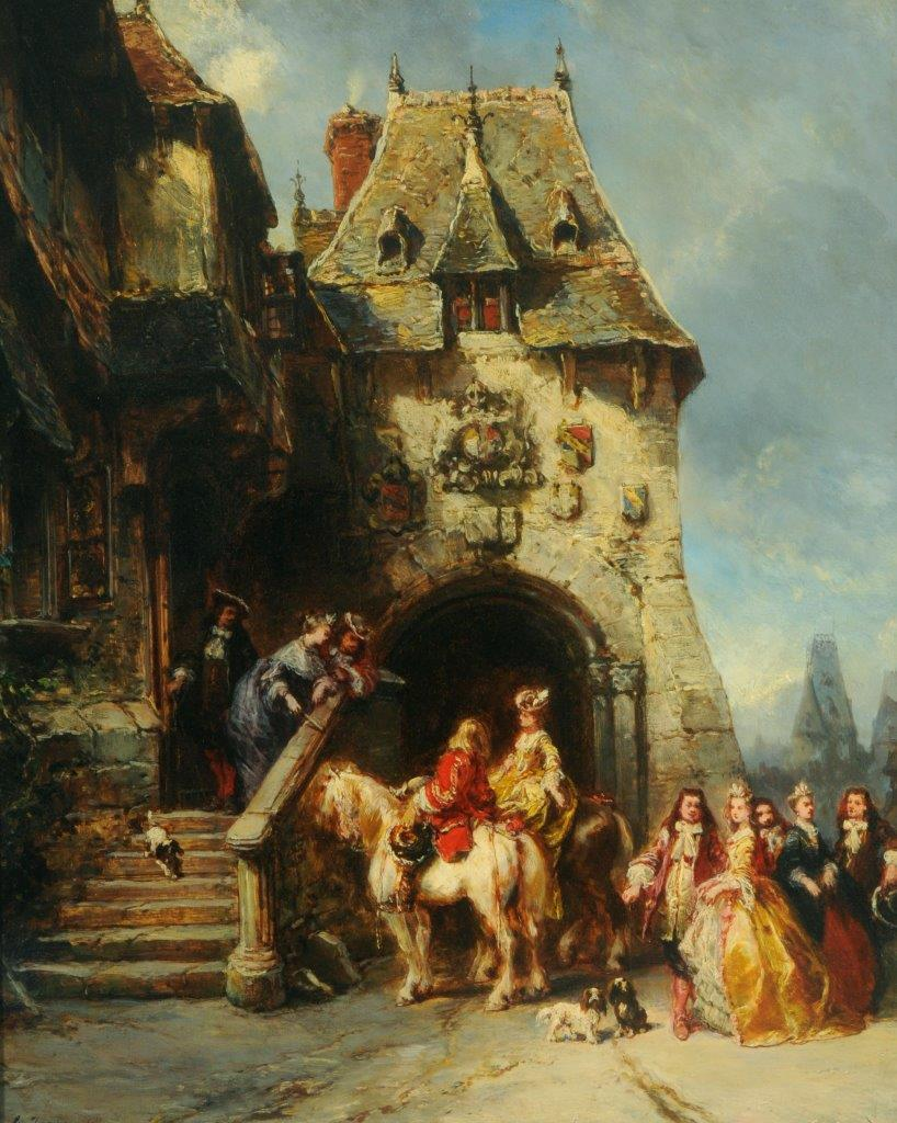 Oil painting of an architectural gateway of a French chateau with a number of figure groups in eighteenth century costume. There are two figures on horses in front of the gateway and two figures leaning over the steps to speak to them