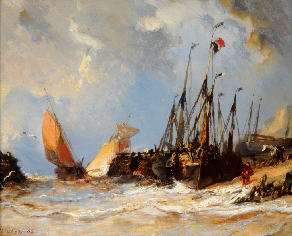 Oil painting of a coastal scene with numerous boats close to the quay. One of the boats has the French tricolore flag flying from its mast. On the quayside is a horse and a figure.