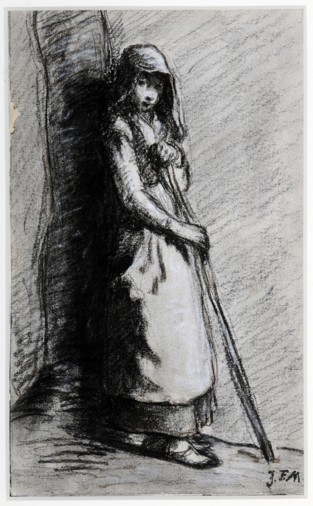 Charcoal drawing of a young girl. She is shown wearing traditional rural costume and holding a crook