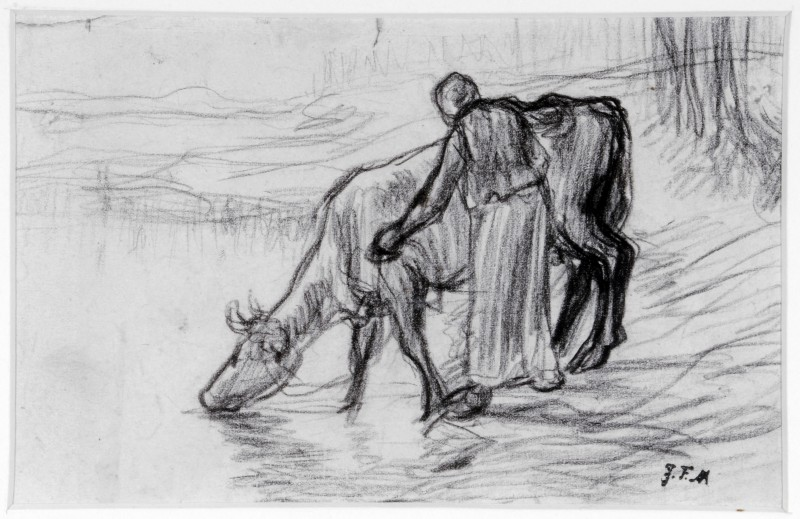 Chalk drawing of a cow drinking from water. A figure attends the animal and is dressed in very basic robes.