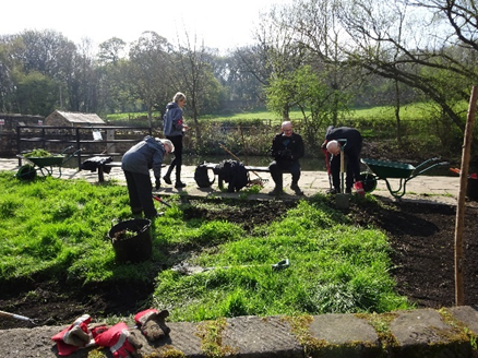 volunteers digging and clearing ground at Worsbrough Mill