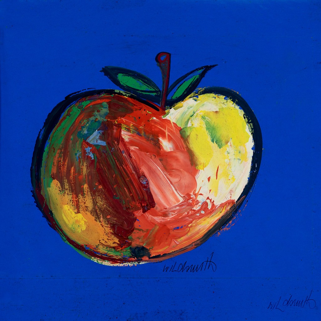 A drawing of an apple on a blue background