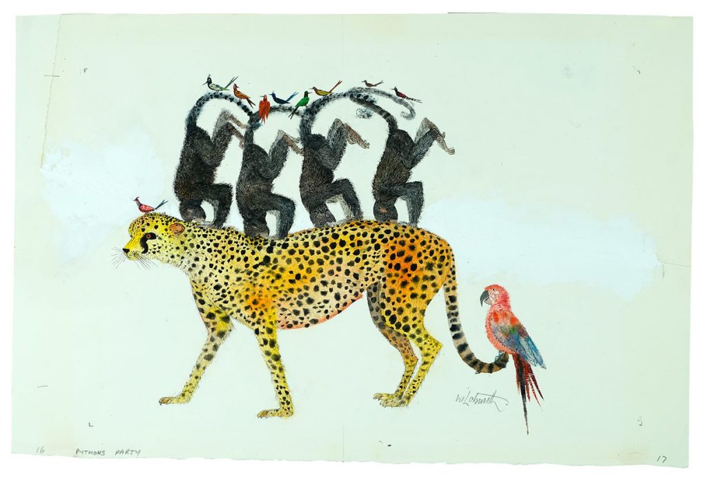 Animals including a parrot perched on the back of a tiger